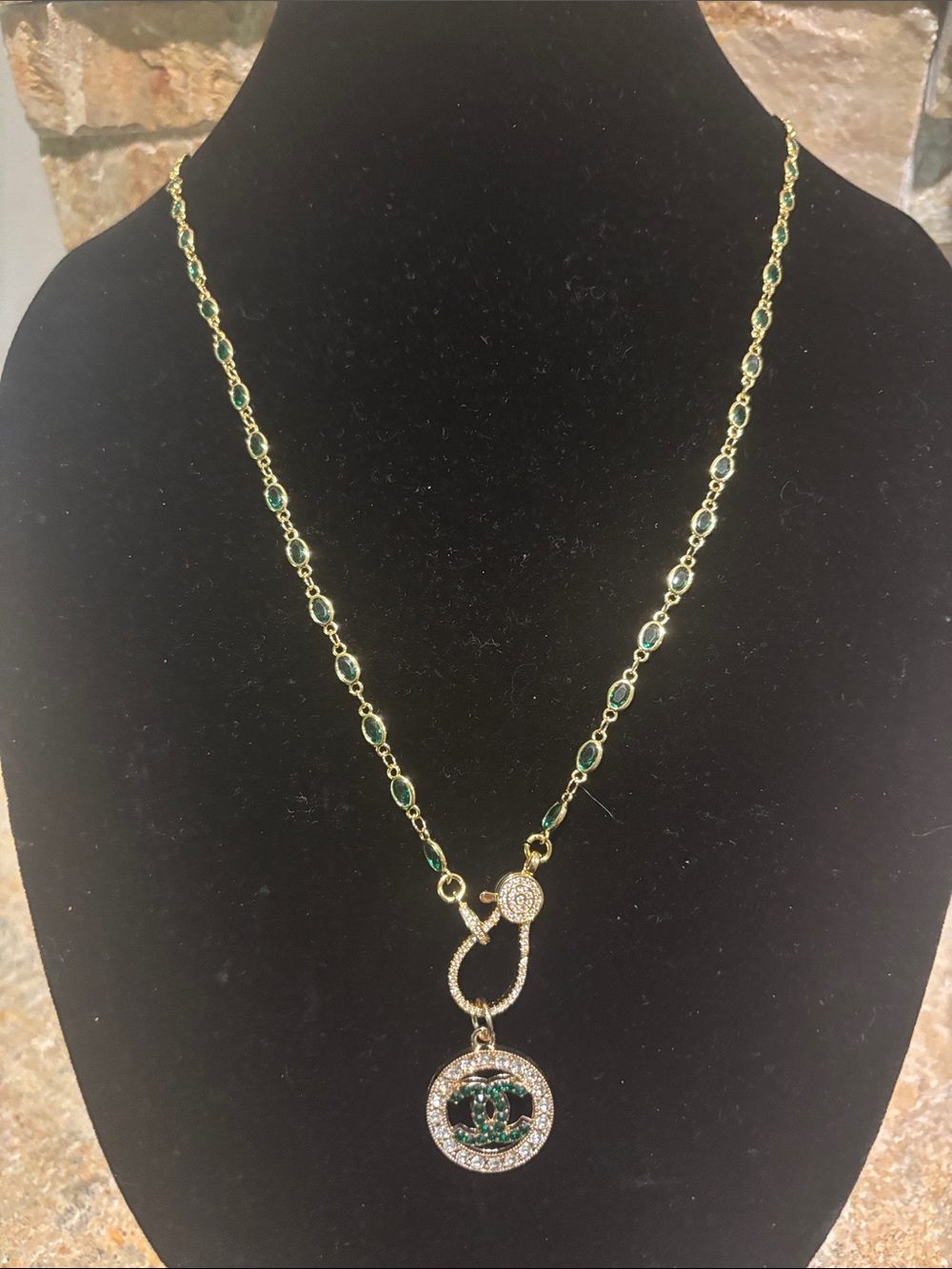 Gold and Green Pendant Necklace with Emerald Accents